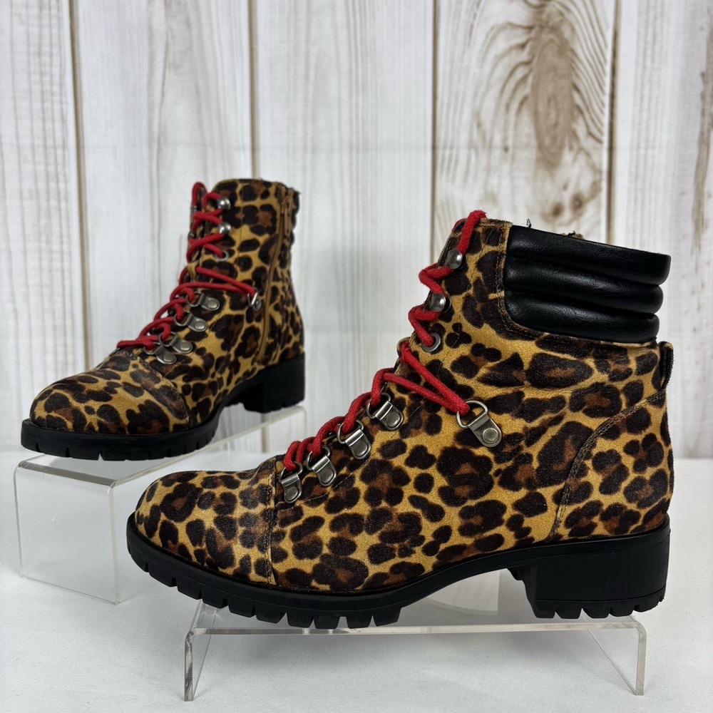 Hiking Boots Lace Up Zipper Fashion Hiker Chunky Ankle Boot Leopard Size 7M